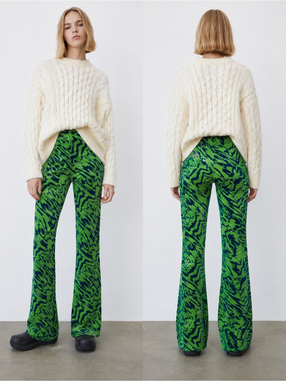 ZARA Blogger Favorite Green Navy Velvet Flare Pants Abstract Print S